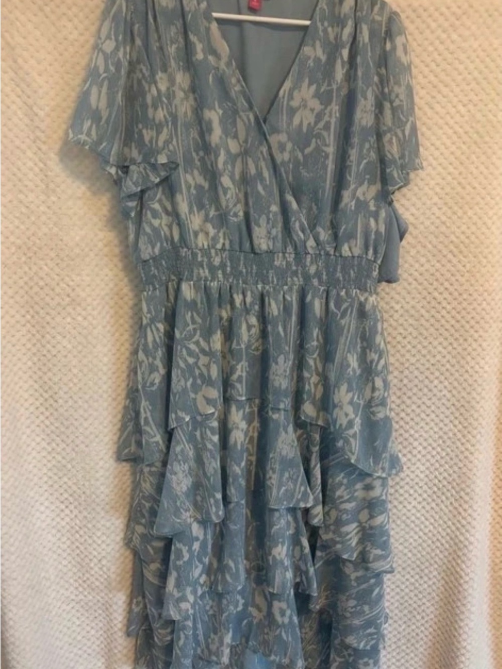 Vince Camuto Dusty Blue Floral Ruffle Midi Dress